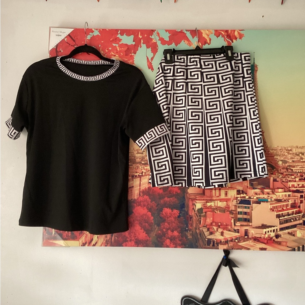 Black and White Geometric Top and Skirt Set